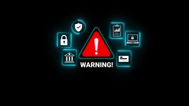 Mobile Banking Security Alert: Protect Your Finances Online! Danger, Warning, Risk, Fraud, Shield, Secure, Hack, Password, Phishing, Virus, Theft, Motion graphics of scam alert concept.