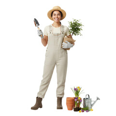 Smiling female gardener in a straw hat and overalls holding a plant seedling and a trowel, concept of spring gardening and plant care isolated on transparent or white background, png