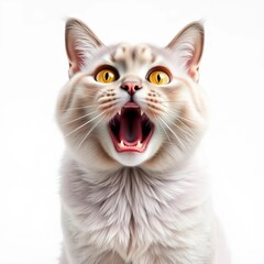 Obraz premium cat, british shorthair, lilac, mad expression, surprised, open mouth, shocked, amazed, startled, animal, pet, feline, domestic, studio shot, white background, isolation, funny, lilac, cat