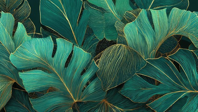 Luxurious illustration featuring stylized teal monstera leaves with shimmering gold line art accents