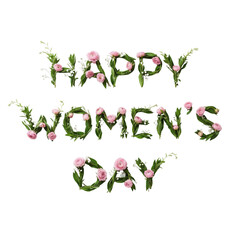 Creative "Happy Women's Day" lettering made of delicate pink flowers and green leaves, isolated on transparent or white background, png