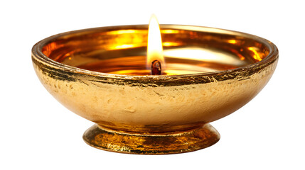 An isolated ceramic candlestick with a burning candle flame sits beside a china tea cup and glass dish, creating soft candlelight as a decorative kitchen object