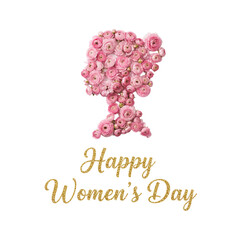 Female profile silhouette made of pink ranunculus flowers with golden "Happy Women's Day" lettering isolated on transparent or white background, png