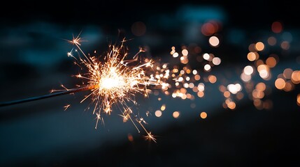Close-up of a lit sparkler emitting bright, golden sparks against a blurry, dark background