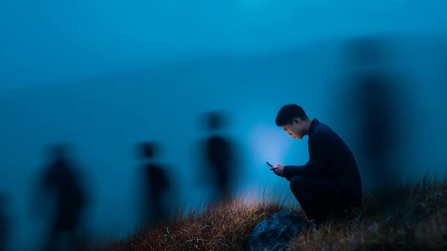 Solitary figure in misty twilight with phone, haunting whispers of the past surround him