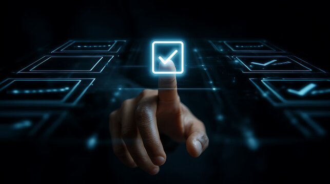 Glowing digital interface with hand selecting a checkmark icon. Futuristic composition - Powered by Adobe
