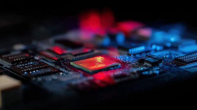 Close-up of a GPU or motherboard circuit board with microchip and red lighting