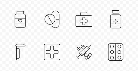 Medical supplies set icon. Outlined symbols show pill bottles, capsules, tablets, first aid kits, syringes, and cross signs related to health and pharmaceutical items.