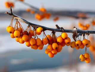 Sparkling frost adorning vibrant red berries clinging to slender branch, capturing winter morning's delicate stillness against soft, muted background