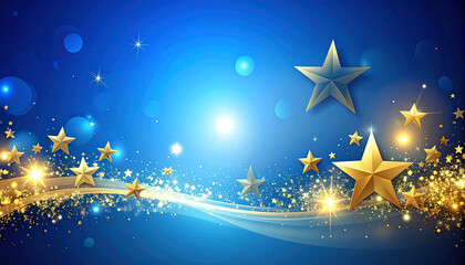 Fototapeta premium Festive Golden Stars Over Blue Night Sky With Sparkling Light Waves And Glitter.
