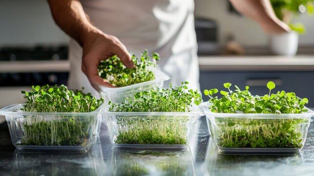 Harvesting fresh microgreens in plastic containers - Powered by Adobe