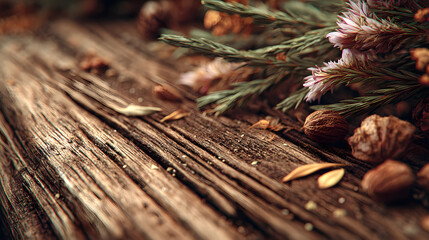 Warm Wood Grain Background Featuring Vintage Wood Texture with Cedar Sprigs and Natural Elements