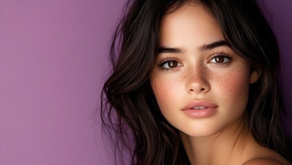 Fototapeta premium A close-up portrait of a young woman with soft brown eyes and natural freckles, gazing calmly at the camera against a smooth purple background, highlighting her natural beauty and delicate features.