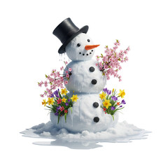Melting snowman in a black top hat surrounded by blooming cherry blossoms and spring flowers isolated on transparent or white background, png