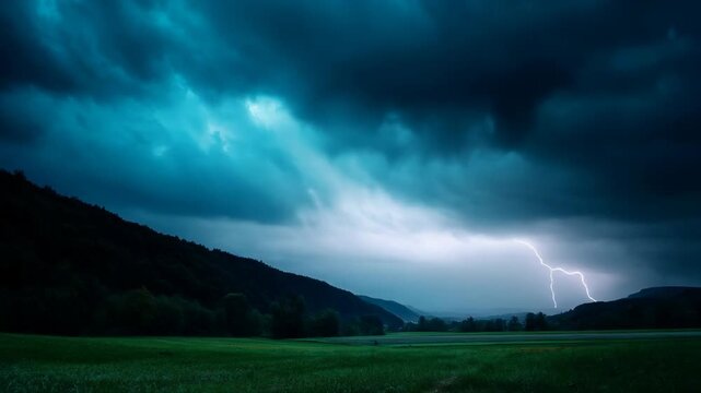 Stunning storm with dark clouds and lightning showcasing nature's power in a breathtaking landscape