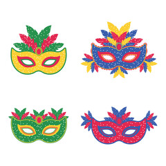 Brazilian carnival masks set with colorful feathers festive samba celebration illustration