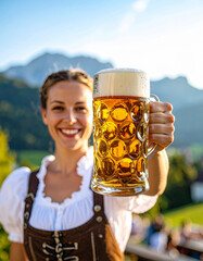 Smiling woman raising oktoberfest beer mug outdoors