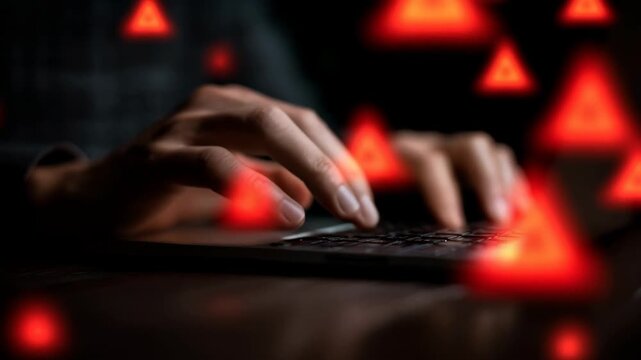 Urgent cyber threat response in dimly lit room with glowing alerts and fast typing fingers