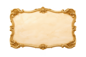 Ornate gold baroque rococo frame with intricate scrollwork, vintage empty wooden plaque border design on transparent background