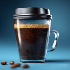 Amber Transparent Coffee Cup with Black Lid on Blue Background
