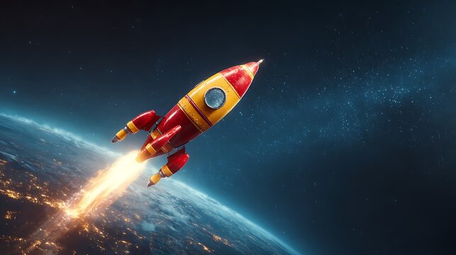 Animated depiction of a cartoon rocket blasting off from a vibrant, illuminated planet Earth - Powered by Adobe