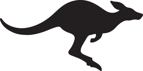 Black silhouette of a kangaroo in mid hop against a white background