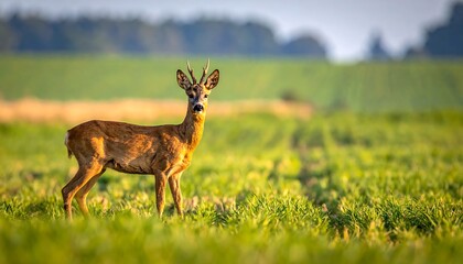 A Young Roe Deer Stands Alert in a Lush Green Field at Sunrise.