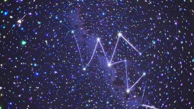 Animated constellation lines tracing bright stars across purple galaxy backdrop, dynamic twinkling points, moving nebula textures and digital mapping effect, hypnotic motion perfect for science, tech,