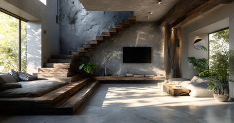 Minimalist interior features stairs, wallmounted television. Sunlight creates dramatic shadows, highlighting clean lines, modern design.