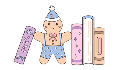 Cartoon winter books and gingerbread man illustration, Christmas bookish aesthetic, Book lover sticker, Cozy reading, Seasonal vector illustration.