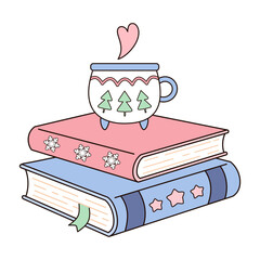 Winter books and holiday mug illustration, Christmas bookish aesthetic, Book lover sticker, Cozy reading, Bookstore Holiday Graphic.