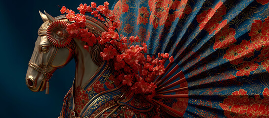 A festive scene with a golden horse statue, red fan and blossoms set against a deep blue backdrop, conveying luck, prosperity and traditional celebration.