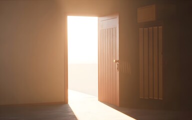 Fototapeta premium Bright light streaming through an open wooden door into an empty, warm-toned room, creating a hopeful atmosphere.