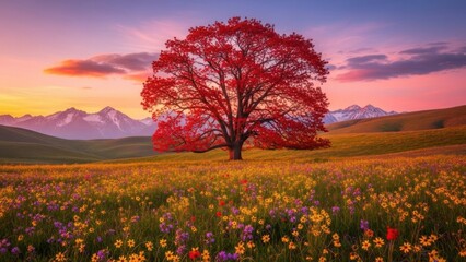 Vibrant red tree standing tall in a field of colorful wildflowers