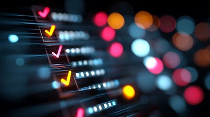 Glowing checkmarks on a digital interface with vibrant bokeh background