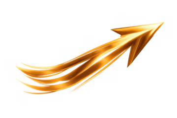 Golden arrow moving fast, indicating rapid growth, market rise, and successful progress on a transparent background
