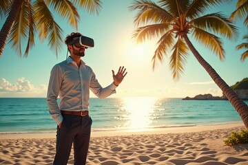 Businesspeople Participating in Virtual Reality Video Conference on Stunning Beach with Palm Trees and Crystal-Clear Ocean View.