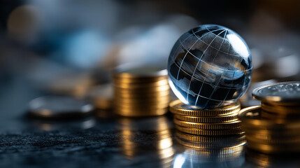 Miniature globe balanced on stacks of coins reflecting on glass surface, global economy symbolism, international finance visualization, worldwide wealth representation, with copy space