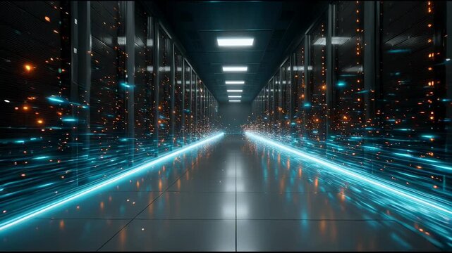 Futuristic server room with rows of computer racks and neon lights, captured at eye-level with a static camera shot.
