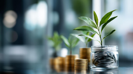 Growth of business income with coins and green plants in modern office environment, commercial revenue increase, corporate financial expansion, ecological economics visualization, with copy space