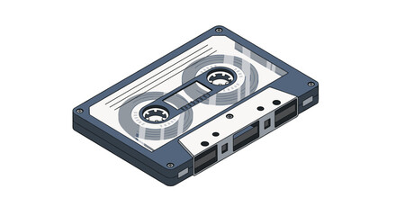 Detailed isometric illustration of a classic audio cassette tape used for music recording and playback in the retro era.