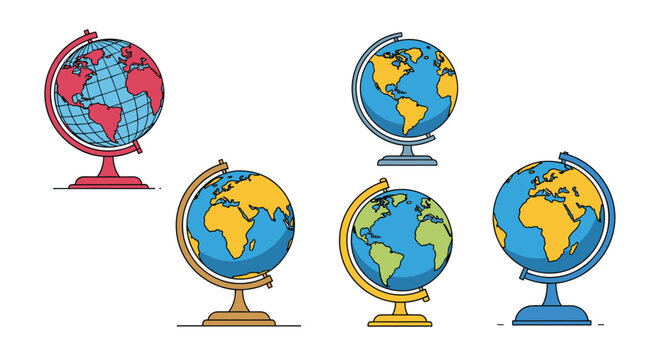 Collection of five desk globes with different color schemes showing continents and oceans for geography and travel themes.