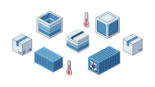 Isometric illustration of shipping containers and temperature gauges.