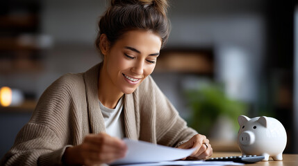 Fototapeta premium Faceless woman reviewing bills and piggy bank at home, female budget management, household financial review, residential expense tracking, domestic fiscal planning, defocused person, with copy