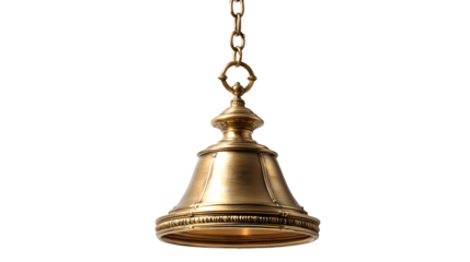 An antique vintage brass bell isolated on a white background evokes a sense of ancient religion and school traditions with its golden metal ring and classic bronze church decoration