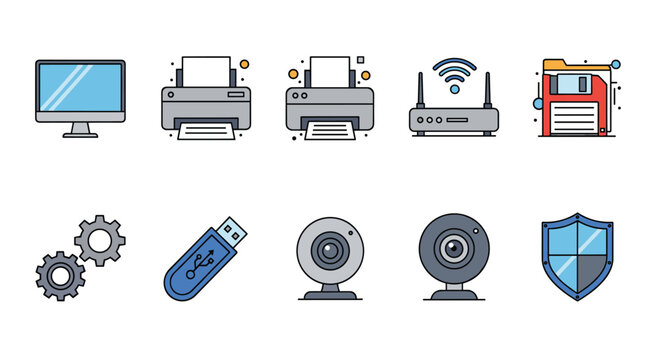 Set of ten technology and computing icons including monitor printer router floppy disk gears USB drive webcam and a security shield icon.
