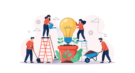 Diverse team of people working together to nurture and grow a giant lightbulb representing collective creativity and innovation.