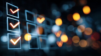 Glowing checkmarks on a checklist against a backdrop of blurred lights