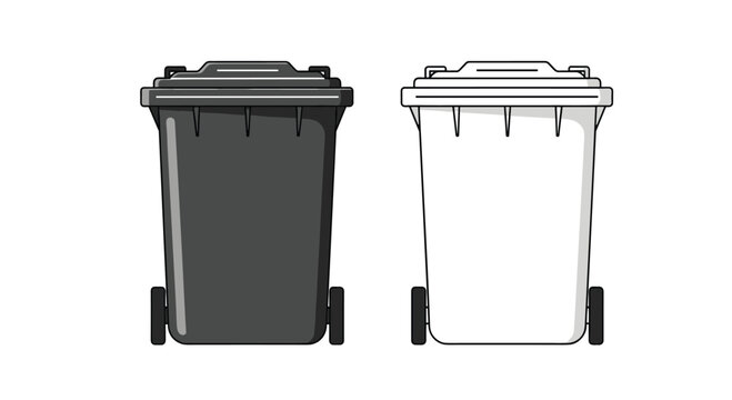 Pair of large trash containers on wheels, one in black and one in white, for waste management and recycling collection.