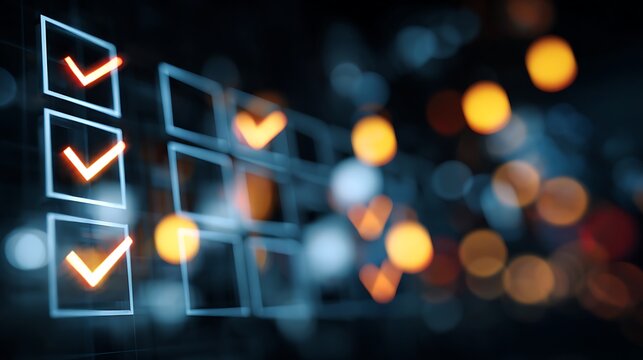 Glowing checkmarks on a checklist against a backdrop of blurred lights